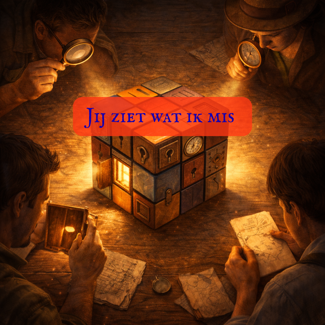 Teamleden onderzoeken samen een puzzeldoos